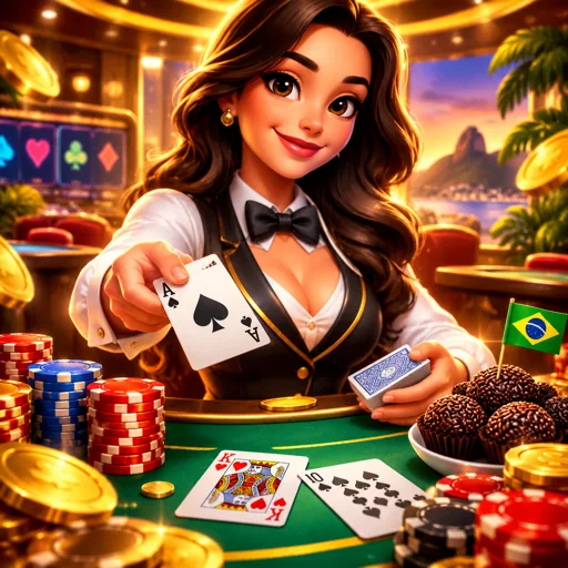 Mesa de blackjack com cartas distribuídas e fichas de aposta