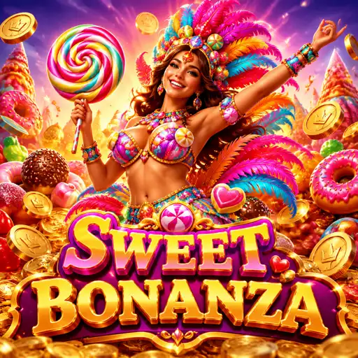 Tela do slot Sweet Bonanza com doces coloridos e multiplicadores